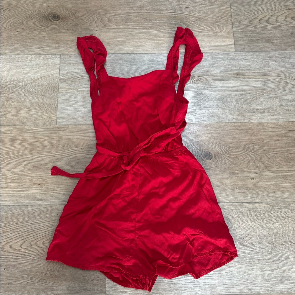 Red Satin Romper with Tie Waist